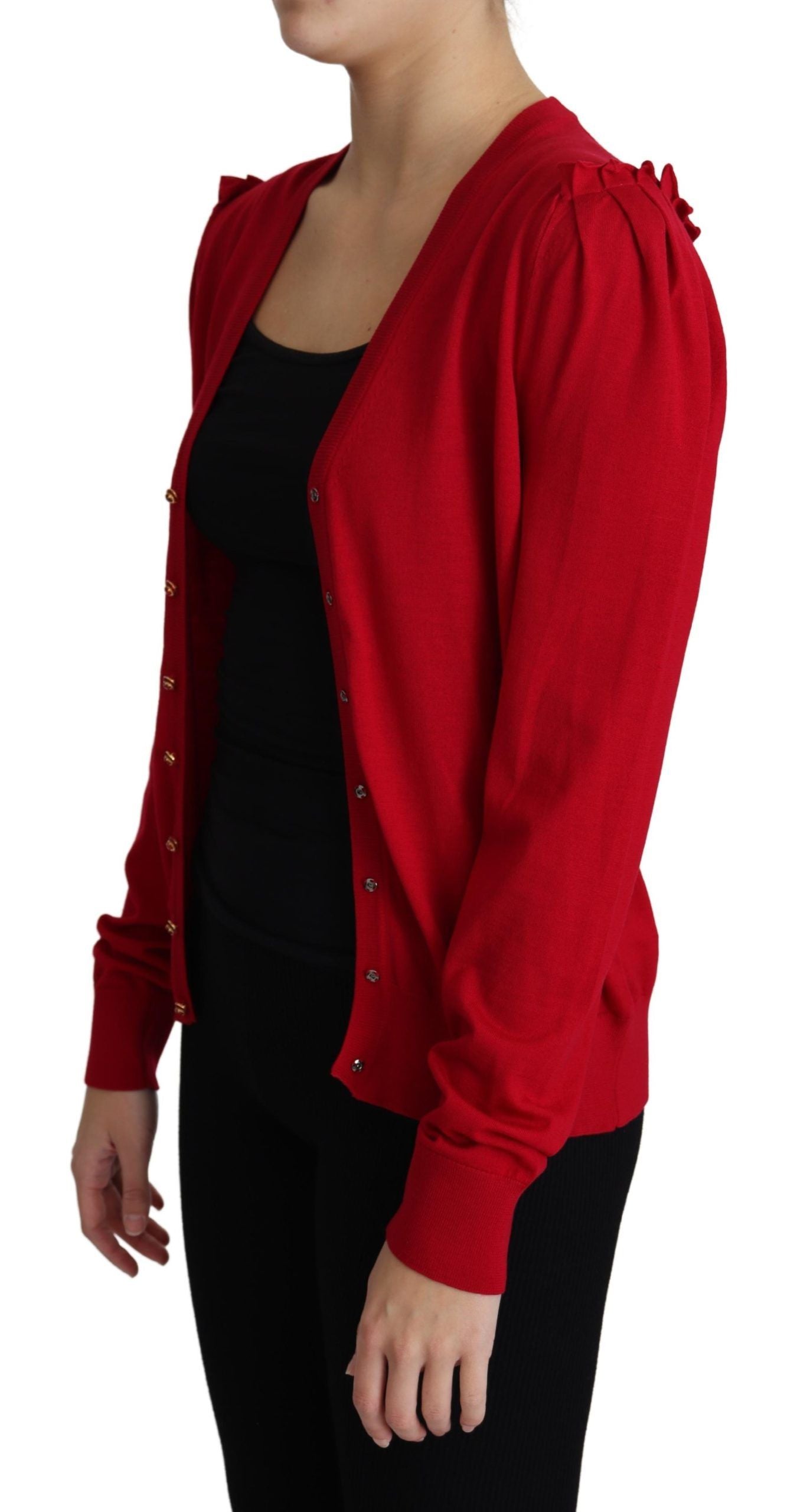 Red Wool Deep V-neck Women Cardigan Sweater