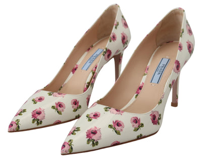 White Leather Floral Heels Stilettos Pumps