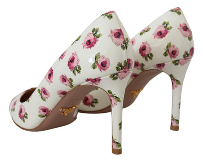 White Leather Floral Heels Stilettos Pumps