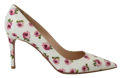 White Leather Floral Heels Stilettos Pumps