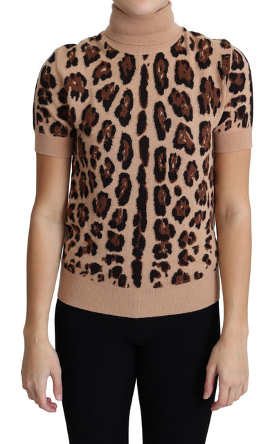 Beige Leopard Print Virgin Wool Turtleneck Top