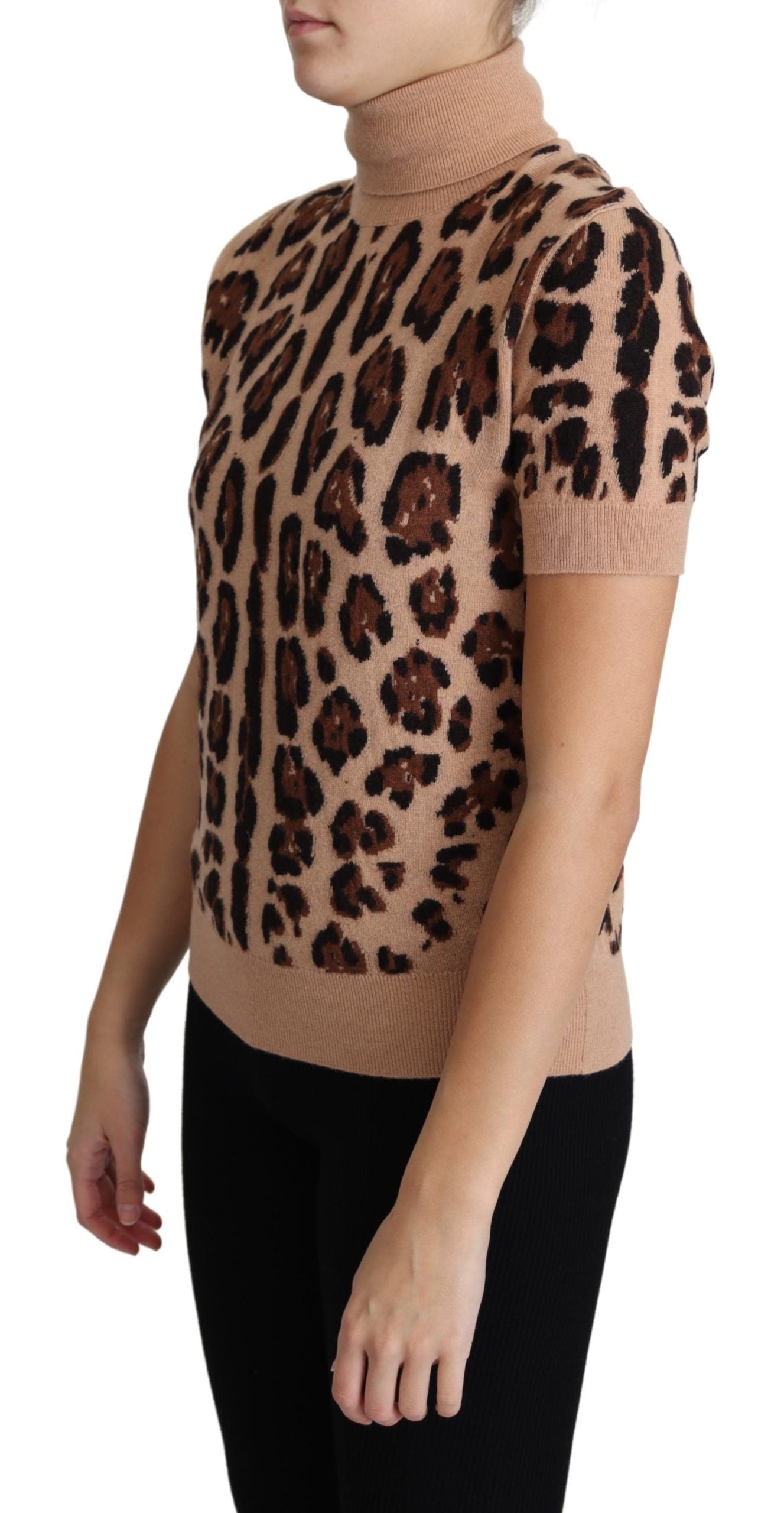 Beige Leopard Print Virgin Wool Turtleneck Top