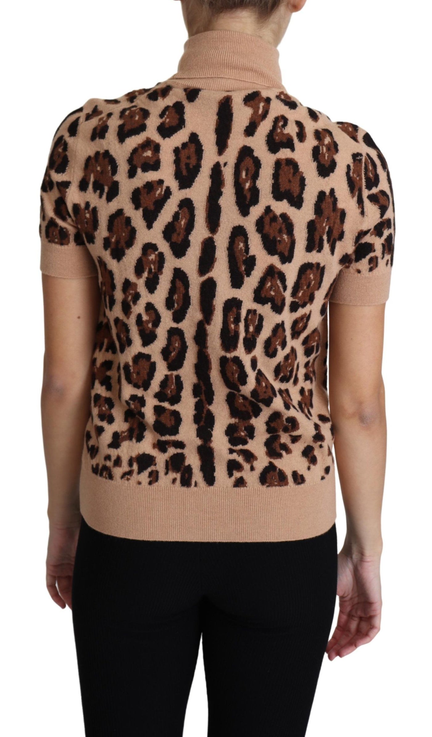 Beige Leopard Print Virgin Wool Turtleneck Top