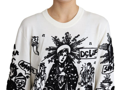 White Wool Graffiti Embroidery Pullover Sweater