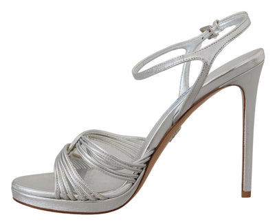 Silver Leather Sandals Ankle Strap Heels Stiletto