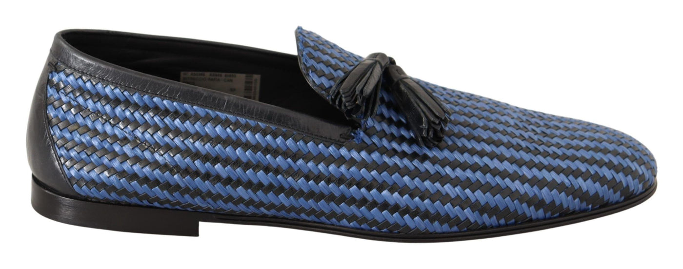 Blue Woven Leather Tassel Loafers Shoes