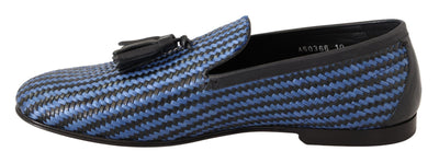 Blue Woven Leather Tassel Loafers Shoes