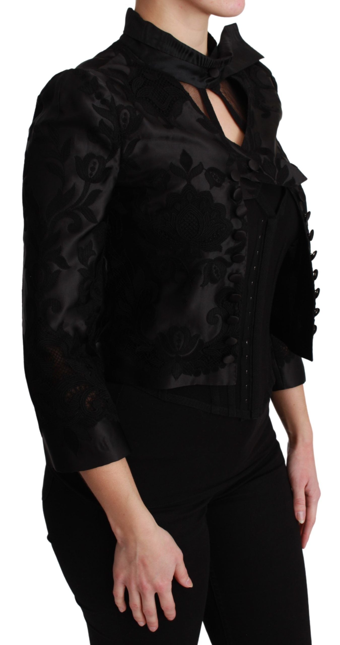 Black Floral Jacquard Blazer Silk Jacket