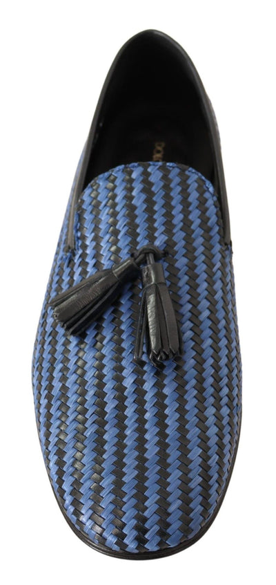 Blue Woven Leather Tassel Loafers Shoes