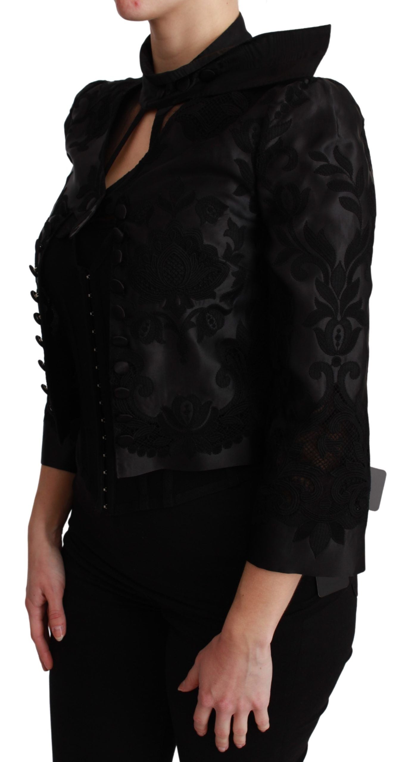 Black Floral Jacquard Blazer Silk Jacket