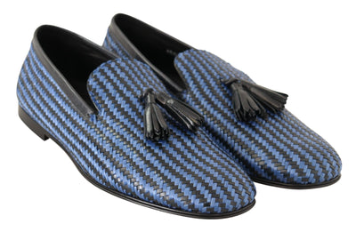 Blue Woven Leather Tassel Loafers Shoes