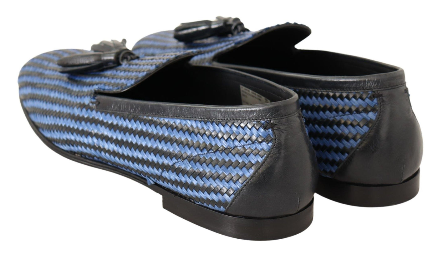 Blue Woven Leather Tassel Loafers Shoes