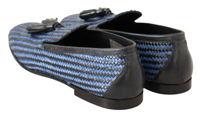 Blue Woven Leather Tassel Loafers Shoes