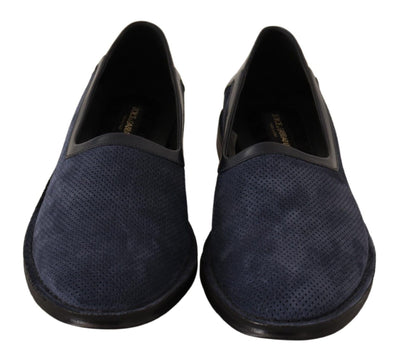 Blue Leather Perforated Slip On Loafers Shoes