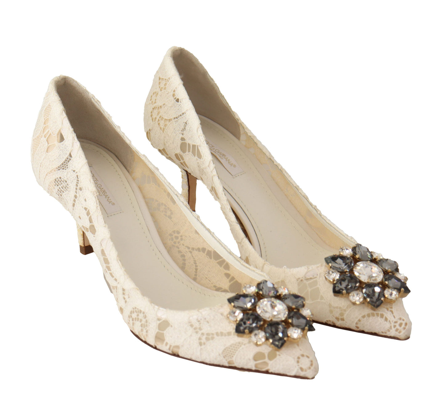 White Taormina Lace Crystal Heels Pumps Shoes