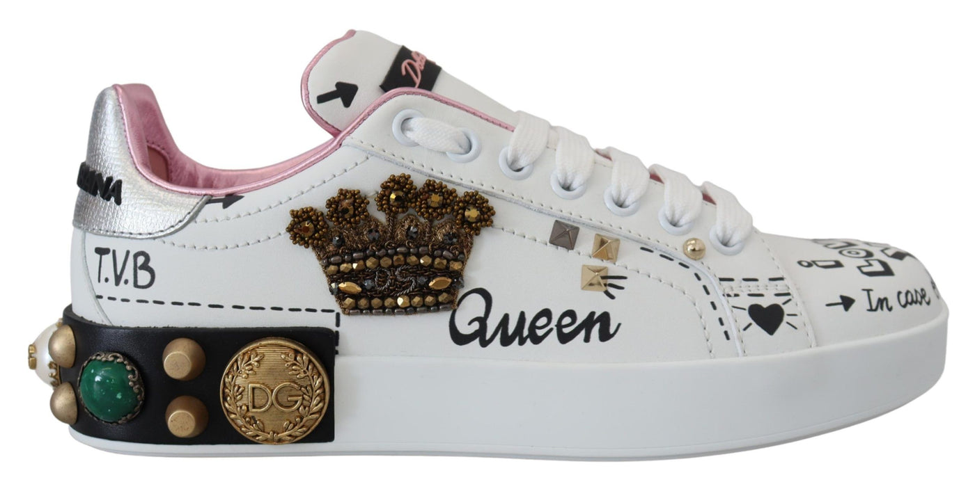 White Leather Crystal Queen Crown Sneakers Shoes