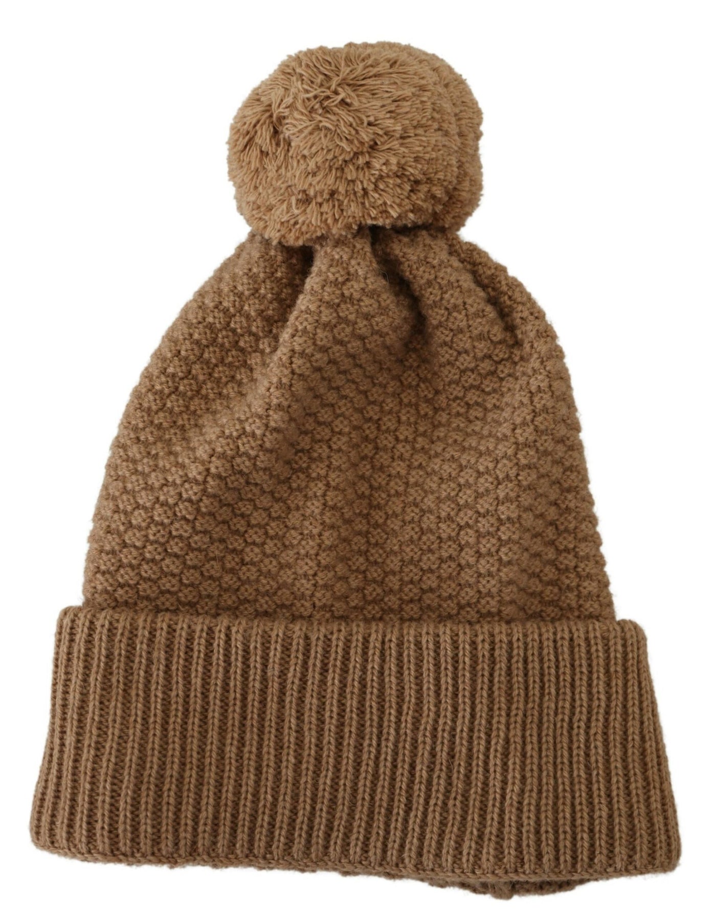 Brown Solid Knitted Fur Ball Winter Beanie Hat