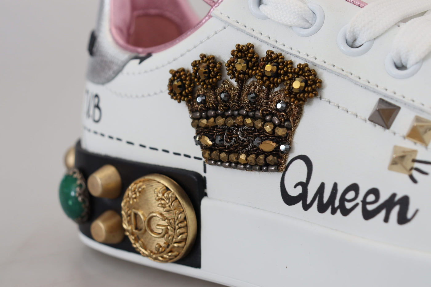 White Leather Crystal Queen Crown Sneakers Shoes