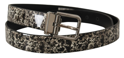 Black Marble Print Leather Silver Logo Buckle Belt