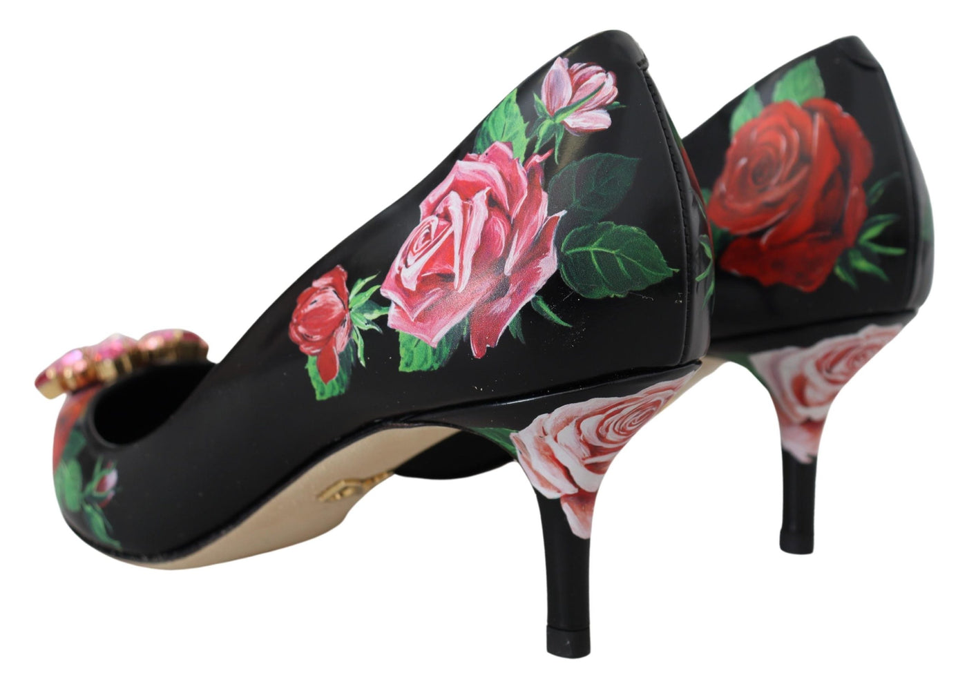 Black Floral Print Crystal Heels Pumps Shoes