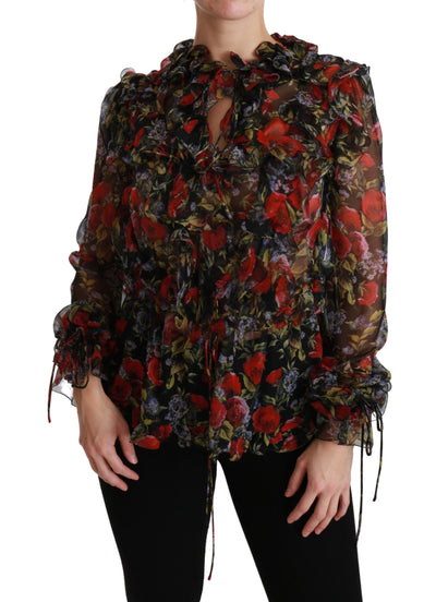 Black Floral Roses Blouse Silk Top