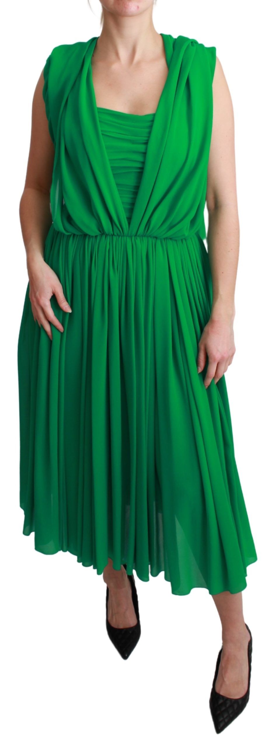 100% Silk Green Sleeveless Pleated Maxi Dress