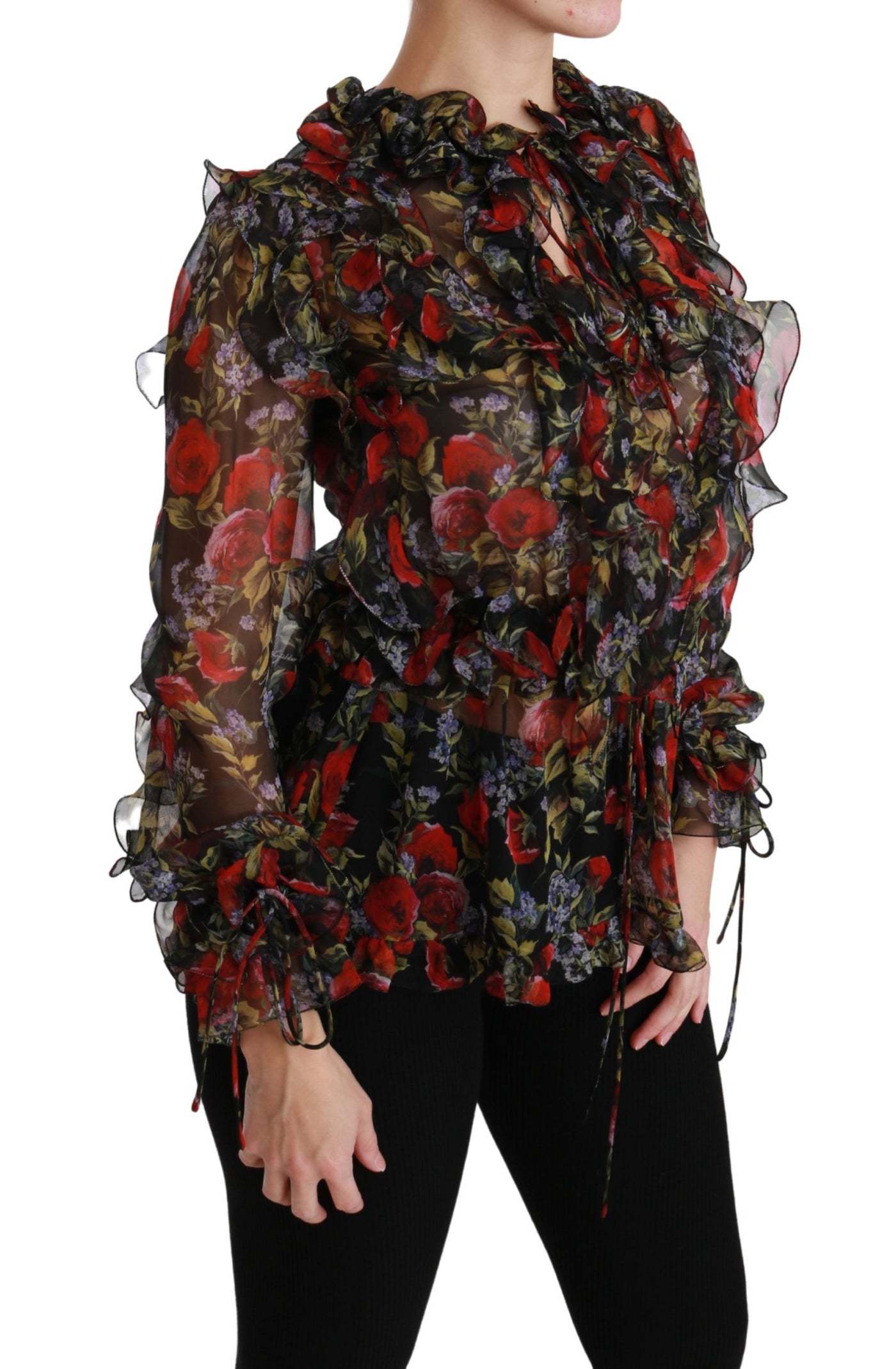 Black Floral Roses Blouse Silk Top