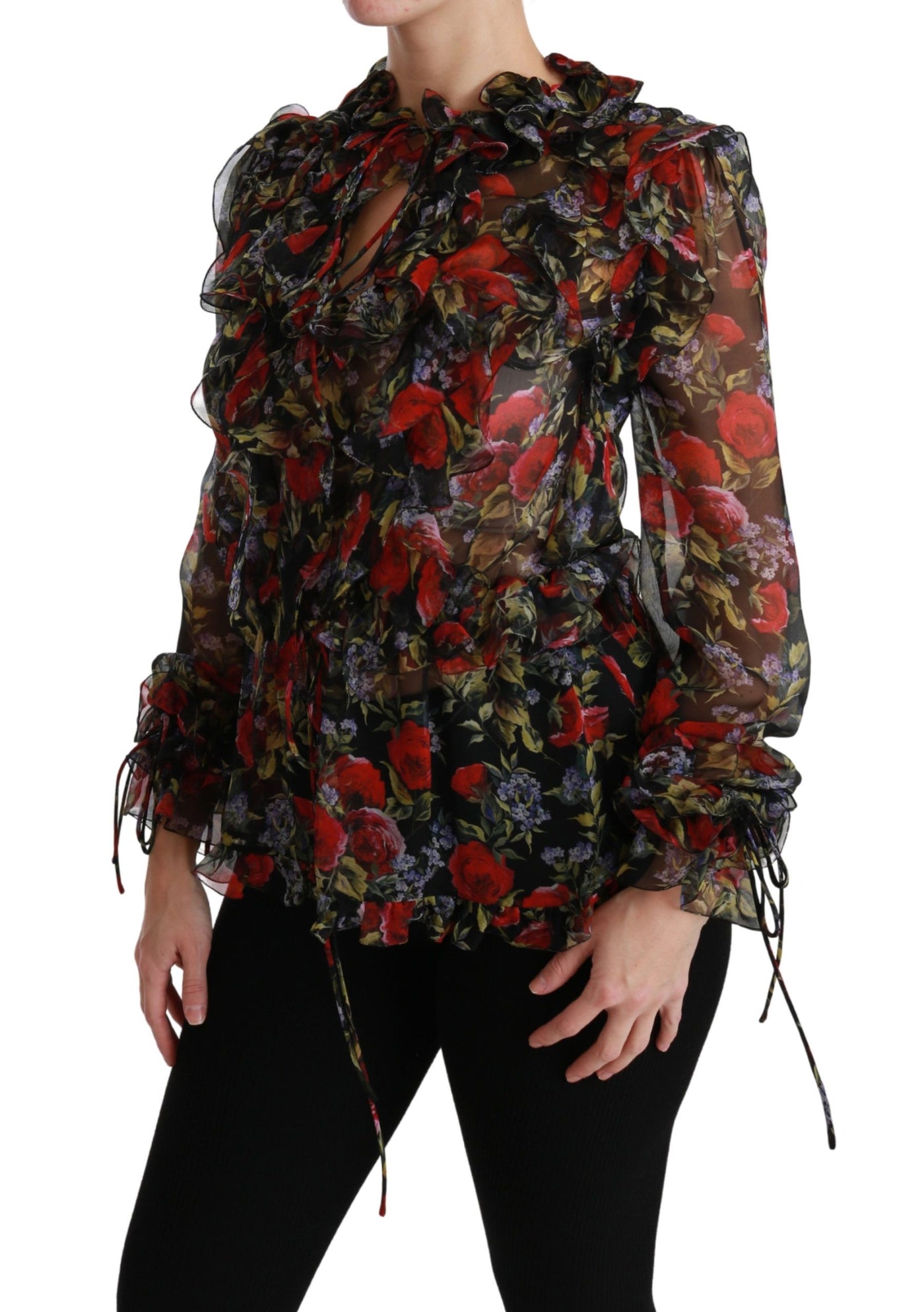 Black Floral Roses Blouse Silk Top