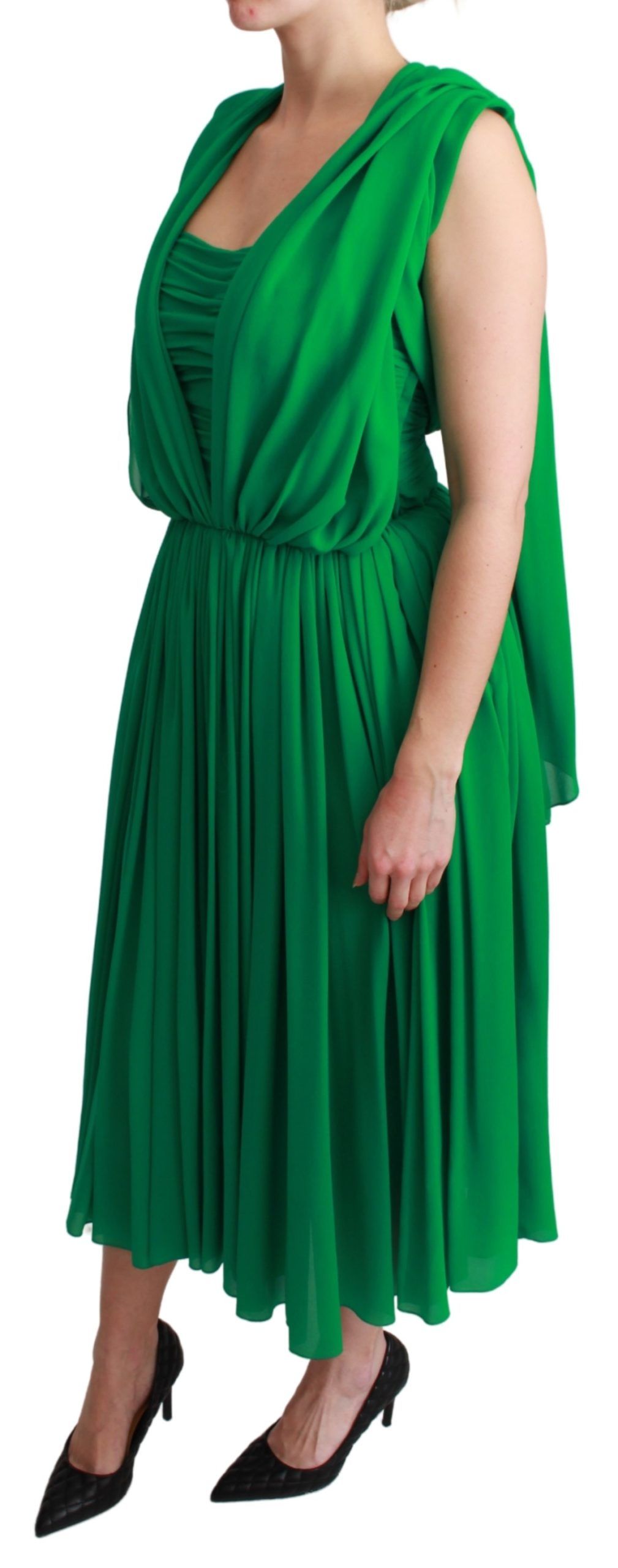 100% Silk Green Sleeveless Pleated Maxi Dress