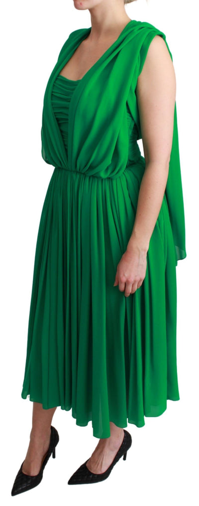 100% Silk Green Sleeveless Pleated Maxi Dress