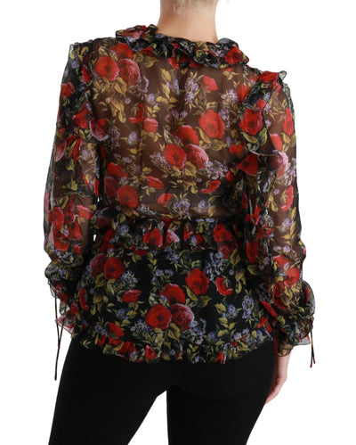 Black Floral Roses Blouse Silk Top