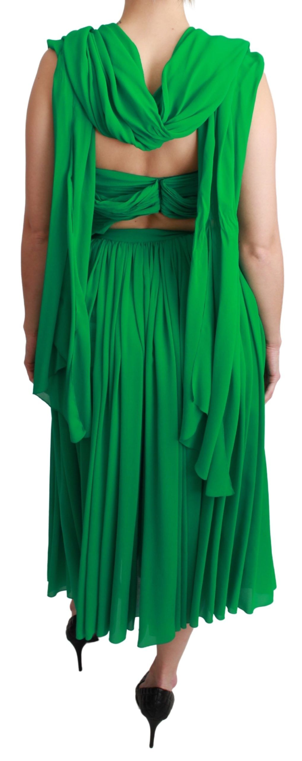 100% Silk Green Sleeveless Pleated Maxi Dress