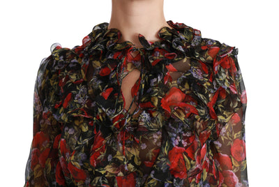 Black Floral Roses Blouse Silk Top