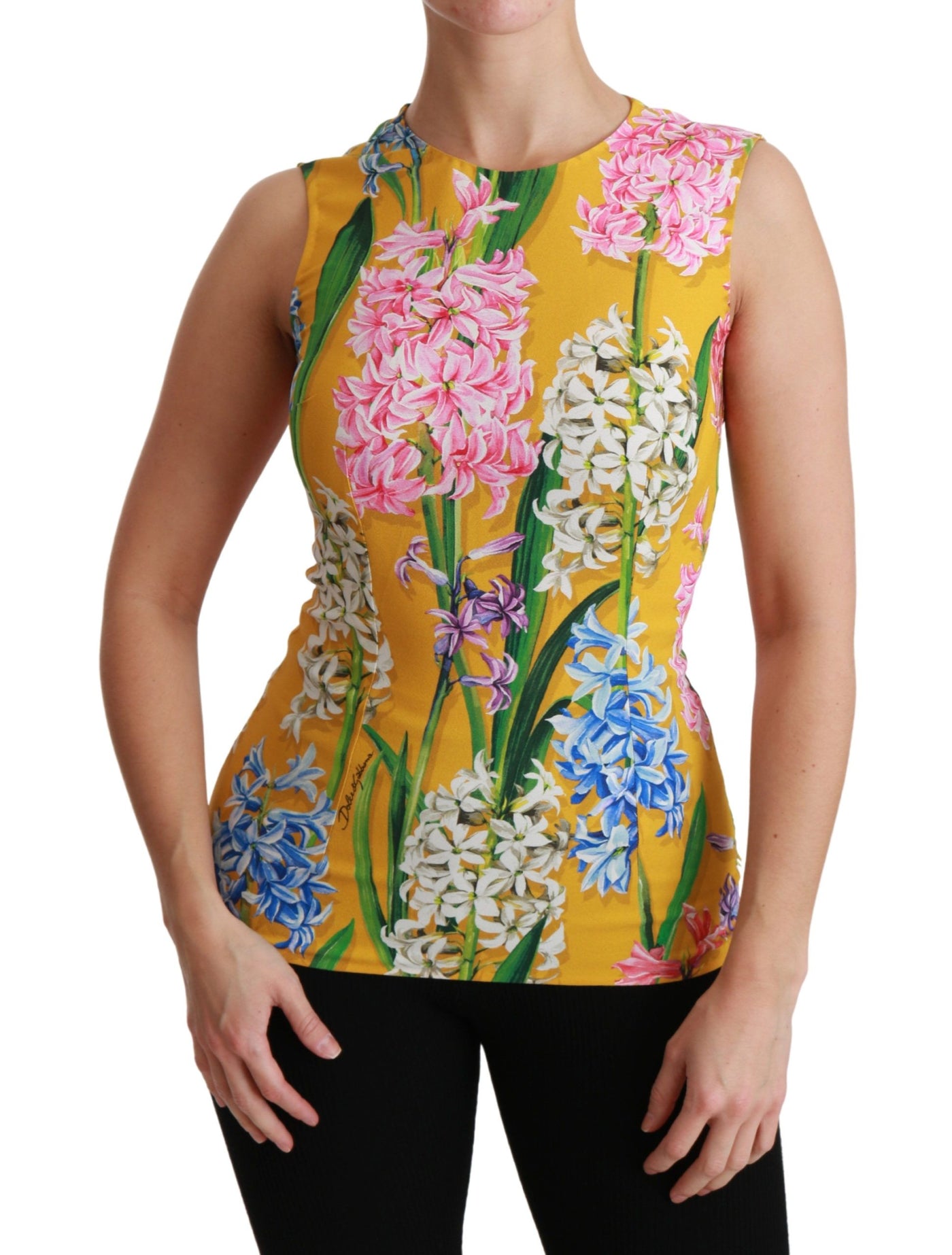 Yellow Floral Stretch Top Tank Blouse