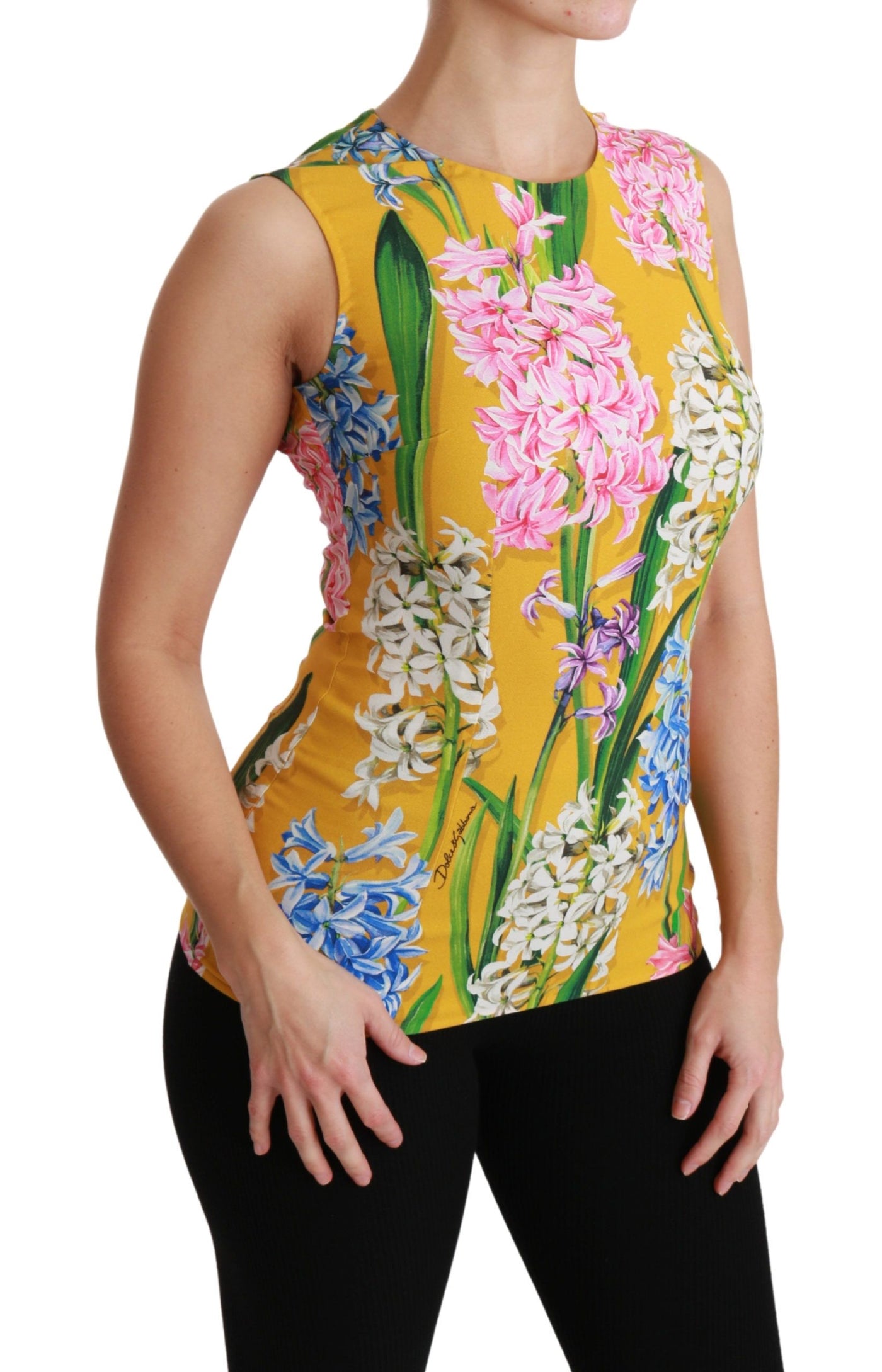 Yellow Floral Stretch Top Tank Blouse