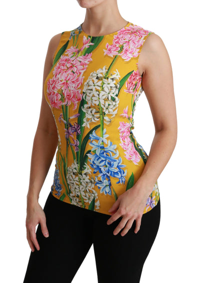 Yellow Floral Stretch Top Tank Blouse