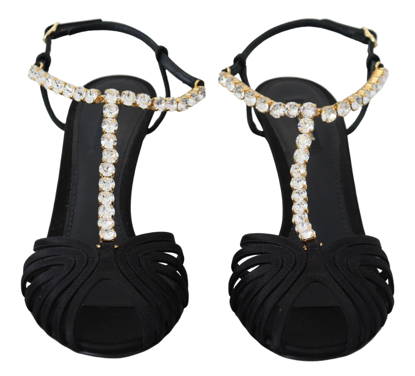 Black Satin Clear Crystal T-strap Sandal Shoes