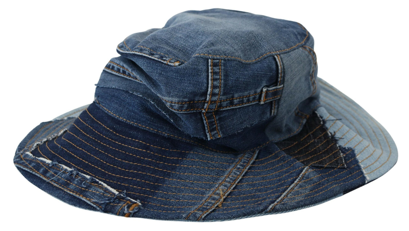 Blue Cotton Patchwork Denim Bucket Hat