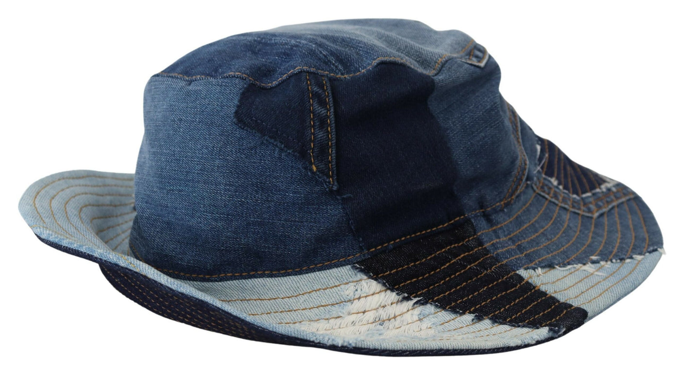 Blue Cotton Patchwork Denim Bucket Hat