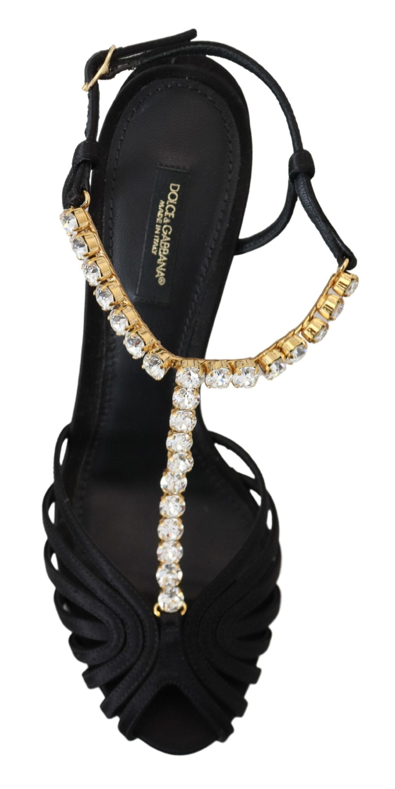 Black Satin Clear Crystal T-strap Sandal Shoes