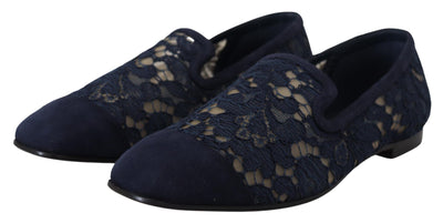 Blue Floral Lace Slip Ons Loafers Flats Shoes