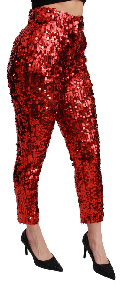 Red Sequined Cropped Trousers Pants