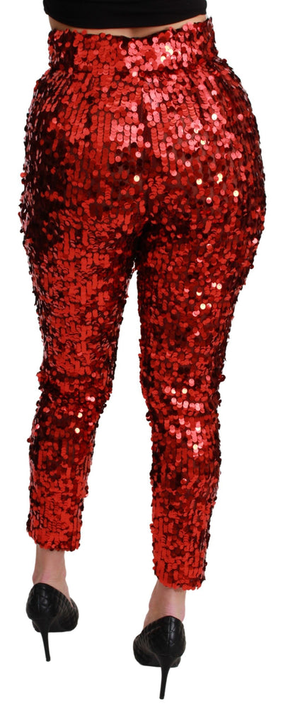 Red Sequined Cropped Trousers Pants