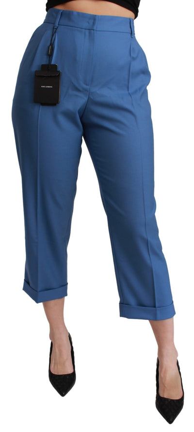 Blue Pleated Wool Cuffed Cropped Trouser Pants