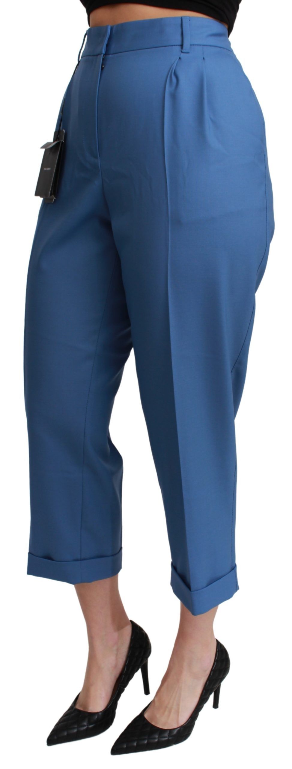 Blue Pleated Wool Cuffed Cropped Trouser Pants