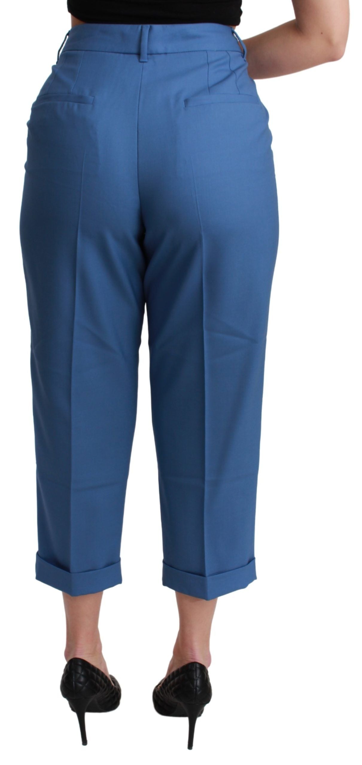 Blue Pleated Wool Cuffed Cropped Trouser Pants