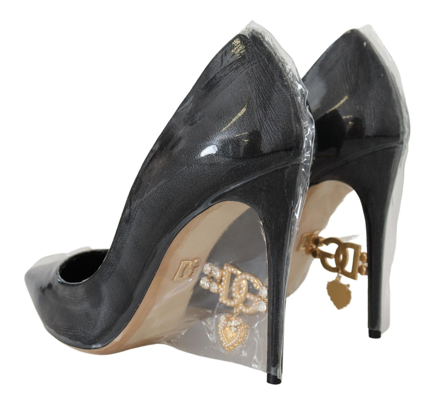 Black Leather Heels Pumps Plastic Wrapped Shoes