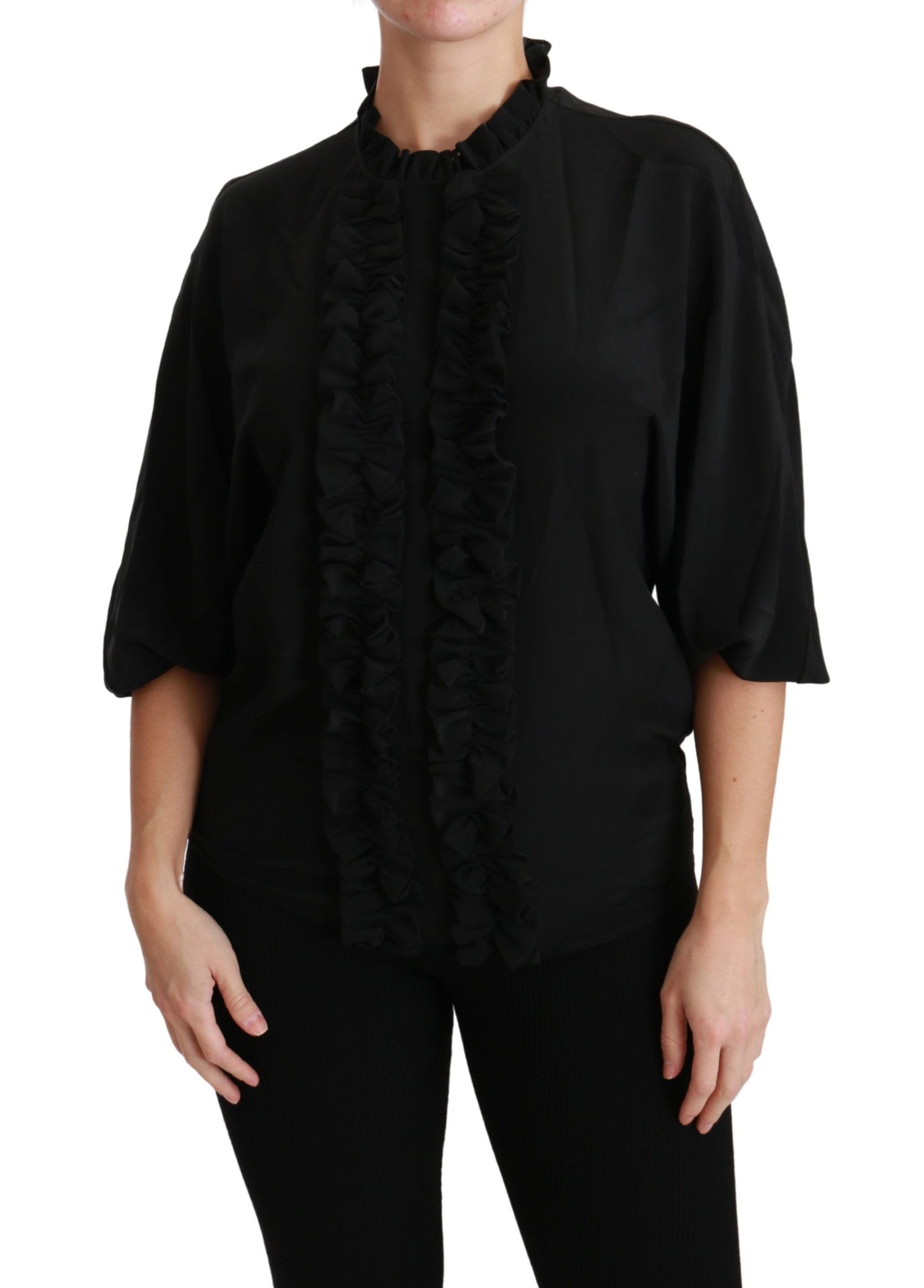 Black Silk Shirt Ruffled Top Blouse