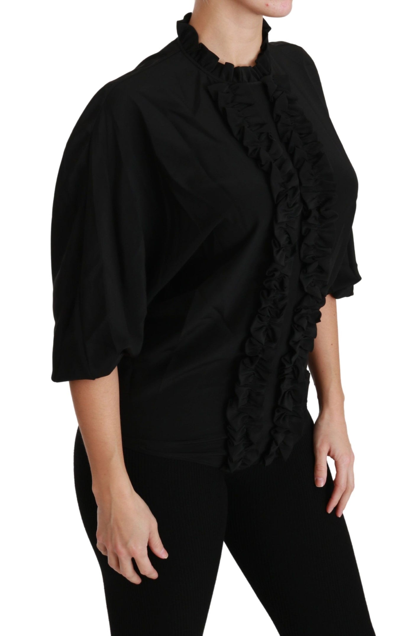 Black Silk Shirt Ruffled Top Blouse