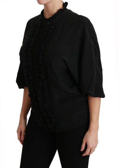 Black Silk Shirt Ruffled Top Blouse